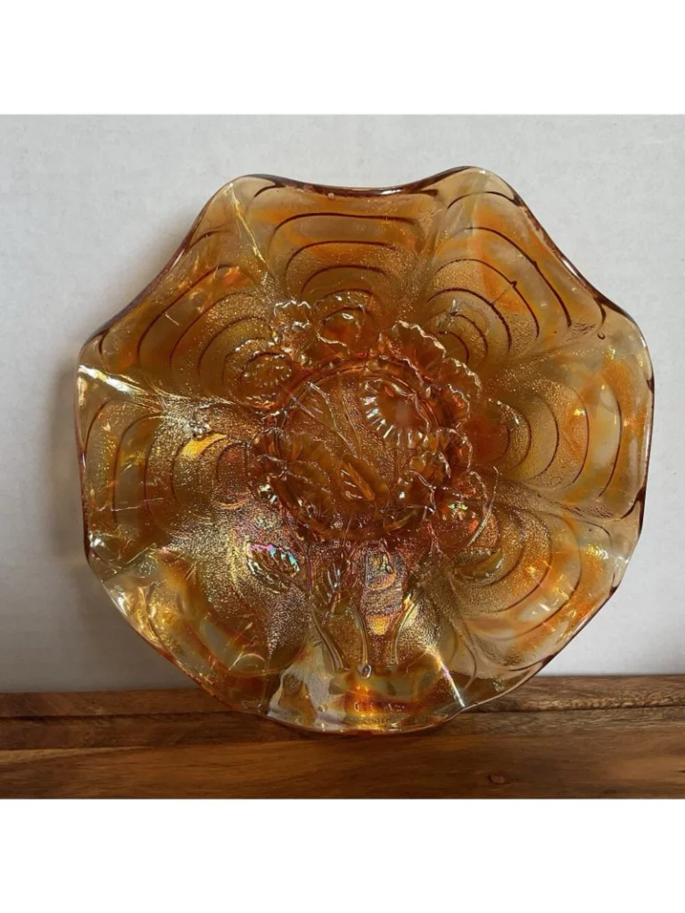 Vintage Fenton Orange Tree Marigold Carnival Ruffeled Bowl Iridescent Gold